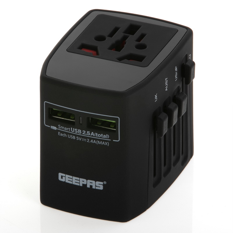 Geepas GA58024UK Universal Adapter For Electric Devices Up To 1840W At 230V, 880 W At 110W - Works In More Than 150 Countries, Has 2 Fuses And 5V, 2.4A Output | 2 Years Warranty