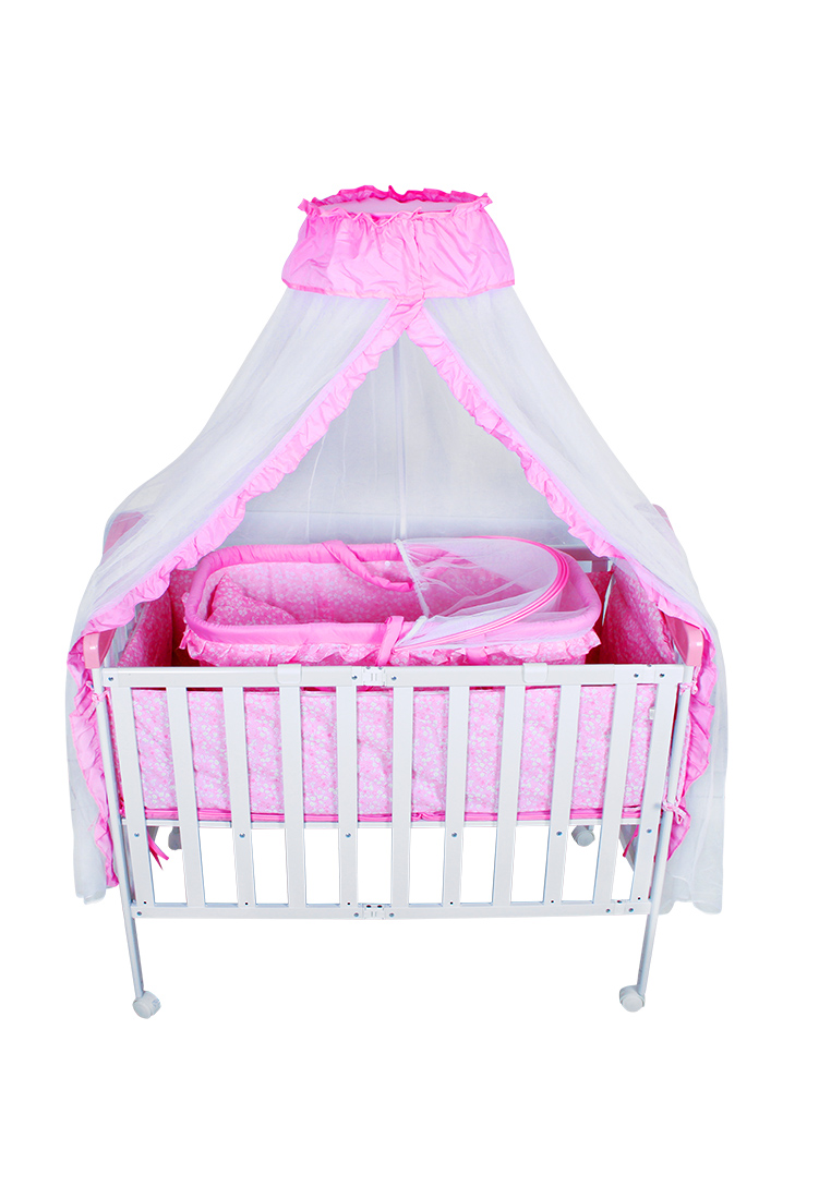 Baby Plus Foldable Crib With Mattress And Mosquito Net  Pink 