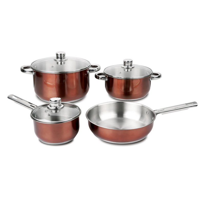7 PCS Stainless Steel Saucepan Set with Tempered Glass Lids - Copper Plated Body Cookware Set- Highly Durable Design Cooking Pot - Extra Strong Riveted Hollow Stainless Steel Handles