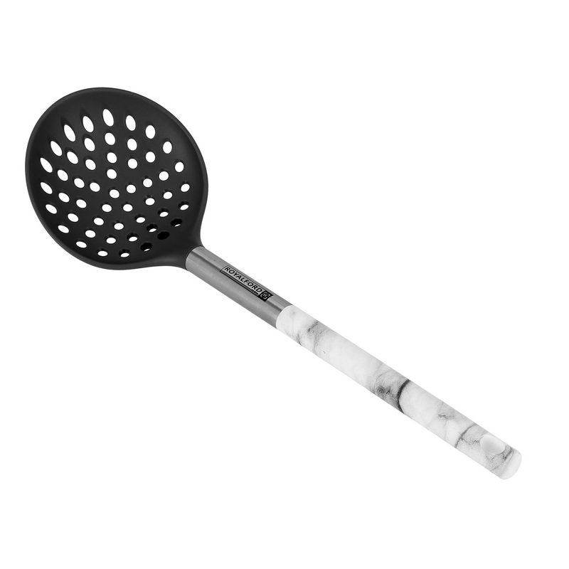 Royalford RF9538 Marble Designed Nylon Skimmer | Lightweight Strainer & Skimmer Spoon with Long Gripped Handle for Kitchen Frying Food, Pasta, Spaghetti, Noodle, Fries | Drainer/Strainer Ladle, Slotte