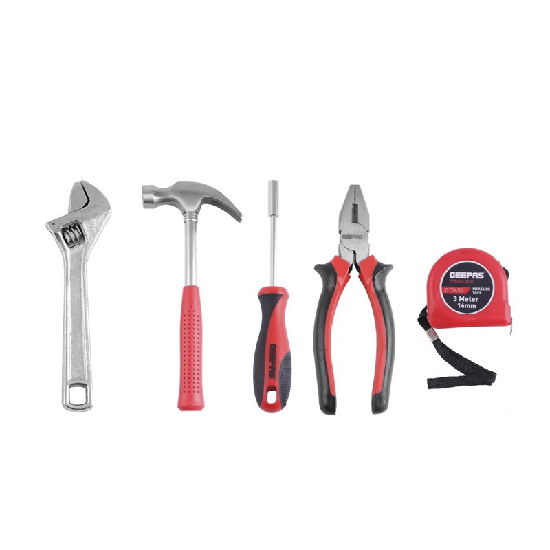 Homeowner Tool Set, Bi-Coloured Red/Black-Includes Claw Hammer, Adjustable Wrench, Screwdriver Handle, Bits, Tape Measure, and Combination Pliers