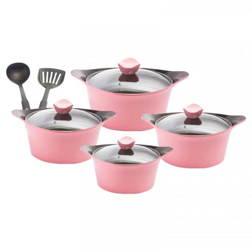 RF9271 10Pcs Aluminium Korean Cookware Set, Pink - 4.5mm Thick Base, 2mm Body Thickness Scratch Resistant, Tempered Glass Lids, 2.5MM Body Thickness, Bakelite Knobs, & CD Bottom